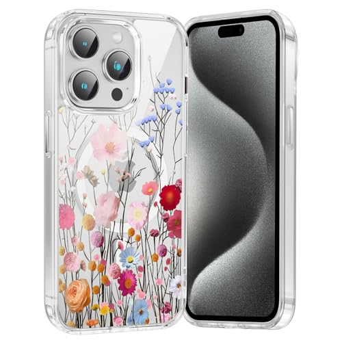 for iPhone 16 Pro Max Magnetic Case Cute Clear Flower Pattern Case, Aesthetic Spring Floral for Girls Women, Soft TPU Clear Slim Anti-Drop Shockproof Protective Phone Cover - Blue Flower - color: Branch Flower, size: iPhone 16 Pro Max