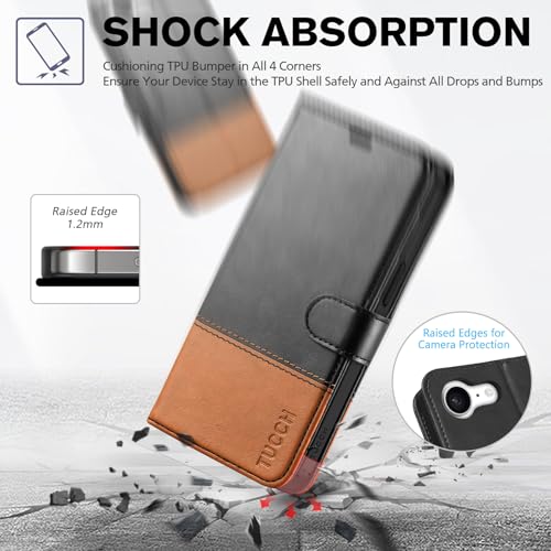TUCCH Wallet Case for iPhone 17e 16e 6.1", Flip Stand, Black & Light Brown | RFID Blocking, 4 Card Holders, Kickstand, PU Leather, Shockproof TPU Shell, Magnetic Closure, Protective Folio Cover - color: Two-tone Black & Light Brown