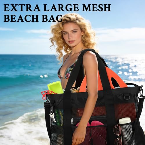 GYEUKHAM Mesh Beach Bag for Women, Sand-Resistant Pool Tote, 9 Pockets (1 Inner Zip), Foldable Family Travel Essentials - color: Extra Large - Black