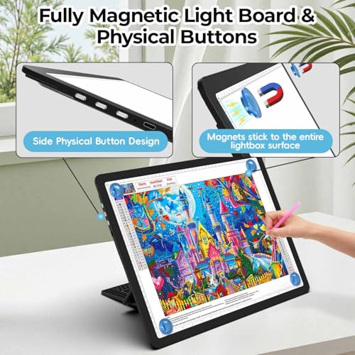 Heanolier Rechargeable A3 Light Board with Stand for Diamond Painting,5100 Lux Magnetic Light Pad with Side Buttons,5000mAH battery,Wireless Light Box for Tracing,LED Light Table for Sketching,Drawing - size: A3 with Stand