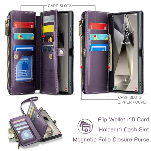 Defencase for Samsung Galaxy S23 Ultra Wallet Case with Card Holder, Purple | Durable PU Leather, with RFID Blocking Zipper Pocket, Wrist Strap, S23 Ultra Flip Phone Cases Cover with Stand for Women Men - color: Aesthetic Purple