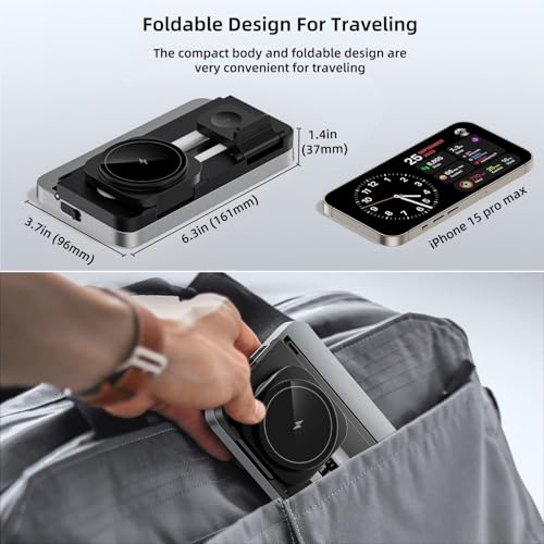 3 in 1 Wireless Charging Station for Apple MagSafe Charger,Magnetic Wireless Charger Stand for iPhone 16 15 14 13 12,Foldable Nightstand Charging Dock for Apple Devices iWatch,AirPods with Night Light - color: Black