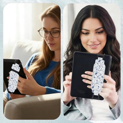 Secure Hand Strap for 6-7.5" Kindle and Tablets, Versatile Lightweight Faux Leather E-Book Grip Holder, Heavy-Duty E-Book Accessories for Reading Lover Gift (Blue Flowers) - color: Blue Flowers