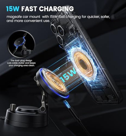 Upgraded 15W Magnetic Car Charger, Dashboard Phone Holders for iPhone 12-17