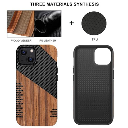 TENDLIN Compatible with iPhone 13 Case Wood Grain with Carbon Fiber Texture Design Leather Hybrid Slim Case (Twill) - color: Twill