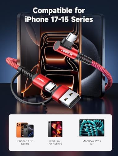 JSAUX 3-in-1 USB C Cable 2-Pack 10FT, 100W Right-Angle Fast Charging, Red - color: Red, size: 10FT