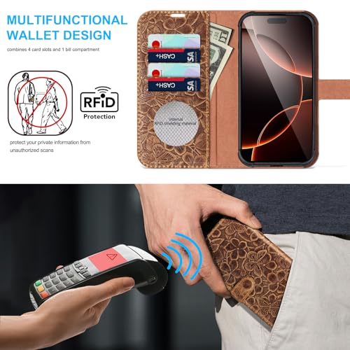 Genuine Leather Wallet Case for iPhone 15 Pro Max 6.7'', Brown | Magnetic Detachable, 2-in-1 Flip Folio, RFID Blocking, Wireless Charging - color: Brown, size: 15 Pro Max 6.7‘’