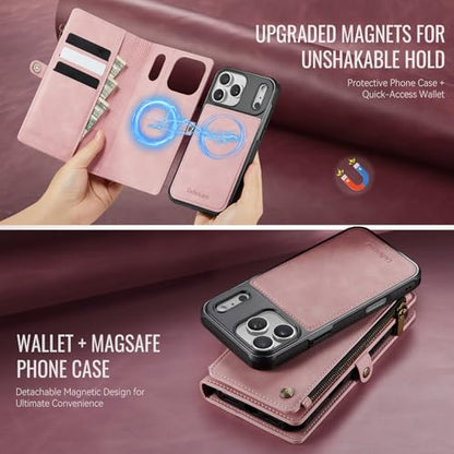 Defencase for iPhone 17 Pro Max Case Wallet Compatible with Magsafe, Pink | Drop-Proof Magnetic Detachable Phone Cases Cover, with RFID Bolcking Card Holder, Zipper Strap, PU Leather, Removable Wallet - color: (Detachable with Magsafe)-Pink