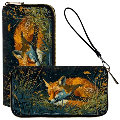 Ladies Wallet,Clutch Purses for Women Wallets Leather Credit Card Holder for Women Wristlet Slim Small Cute with Zipper,Thin RFID Blocking with Wrist Strap,Grass Fox - color: Grass Fox