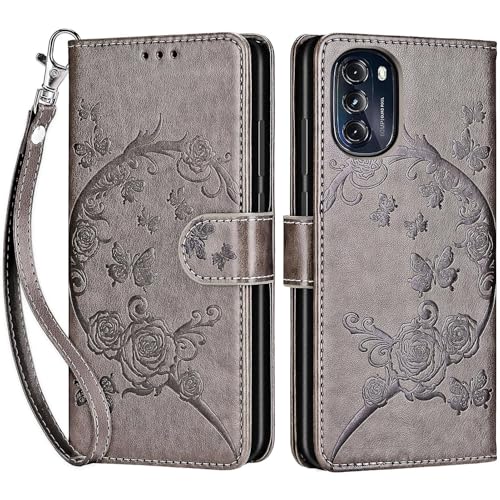 for Motorola Moto G 5G 2022 Wallet case, Gray Flower | 3 Card Holders, Kickstand, Shockproof TPU Shell, PU Leather, Magnetic Closure, Protective Flip Folio Cover, Women - color: 9