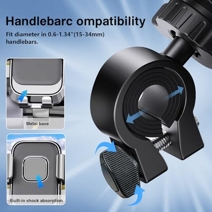 Anti-Shake Bike Phone Mount - One-Touch Lock Motorcycle & Ebike Phone Holder, Universal Bicycle Handlebar Cell Phone Clamp for Scooter, ATV, Fits All 4.7"-7.0" Large Smartphones
