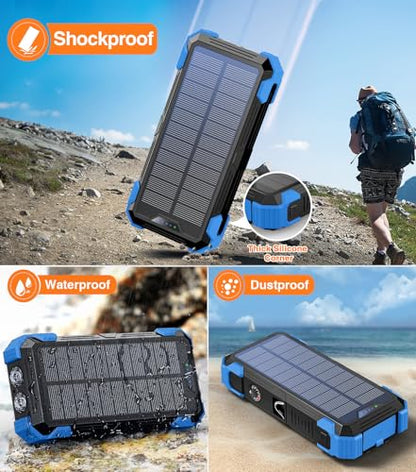 GOODaaa Solar Power Bank 24000mAh, Portable Charger with 4 Built-in Cables - color: Blue