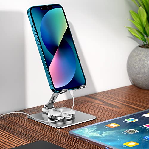 Rotatable Foldable Phone Stand for Desk, Fully Adjustable Desktop Holder Cradle Dock Compatible with iPhone 14 13 12 11 Pro Max Xr, Nintendo Switch, Tablets, All Phones(Grey) - color: silver