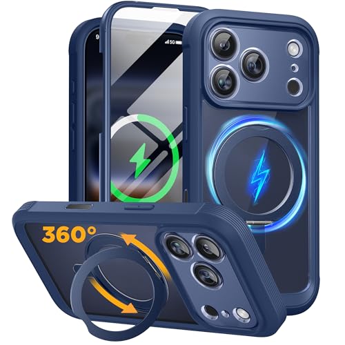 Miracase for iPhone 17 Pro Case with 360 Spin Magnetic Stand, Full-Body Phone Case with Built-in Glass Screen Protector & Camera Control, Drop Proof iPhone 17 Pro Cover, Dark Blue - color: Magnetic Blue, size: iPhone 17 Pro