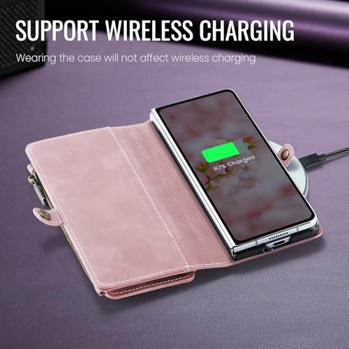 Defencase for Samsung Galaxy Z Fold 6 Wallet Case with Card Holder, Pink | Durable Soft PU Leather, RFID Blcking Zipper Pocket, with S-Pen Holder & Strap, Flip Phone Cases with Stand for Women Men - color: Airy Rose Pink