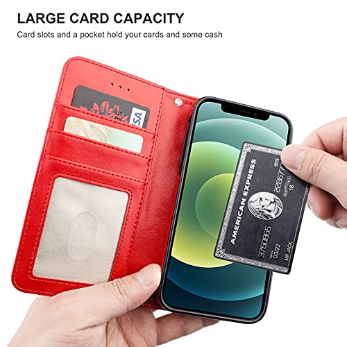 Bocasal Detachable Wallet Case Card Holder for iPhone 12/12 Pro, Red | Kickstand Card Slots Holder PU Leather Magnetic Shockproof Wrist Strap Removable Flip Protective Cover 6.1 inch - color: Red