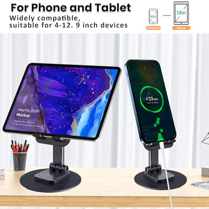 Cell Phone Stand, Adjustable Phone Holder 360° Rotation Fully Foldable Desktop Dock Compatible with iPhone 16 15 14 13 Pro Max Android Smartphone E-Reader Tablets (Black)