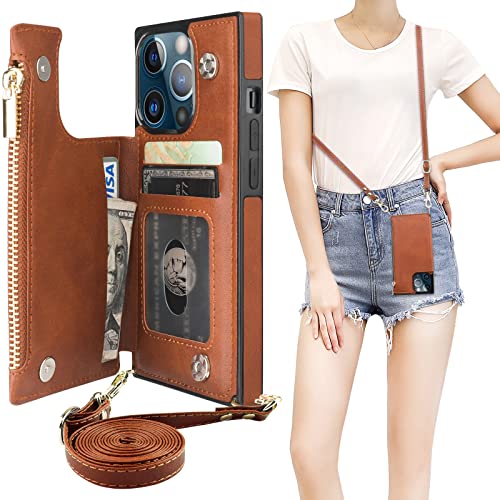 Bocasal Crossbody Wallet Case with Strap for iPhone 13 Pro, Brown - color: Brown