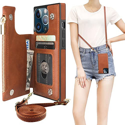 Bocasal Crossbody Wallet Case with Strap for iPhone 13 Pro, Brown - color: Brown