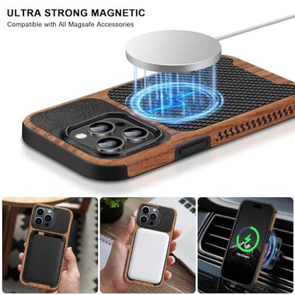 TENDLIN Magnetic Case Compatible with iPhone 15 Pro Case Wood Grain with Carbon Fiber Texture Design Leather Hybrid Slim Cover (Compatible with MagSafe) Black - color: Magnetic Black, size: iPhone 15 Pro