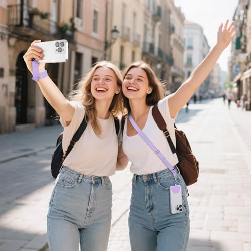 takyu Phone Lanyard, 2 Pack Adjustable Anti-Drop Neck/Wrist Strap with 2 Pcs Tether Patches, Secure Hands-Free Compatible for iPhone Samsung Perfect for Nurses, Teachers, Travel, Hiking Black+Qpurple - color: Black + Qpurple