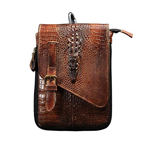 Le'aokuu Mens Genuine Leather Small Messenger Shoulder Satchel Phone Pouch Belt Waist Bag Pack - color: Large Crocodile Camel