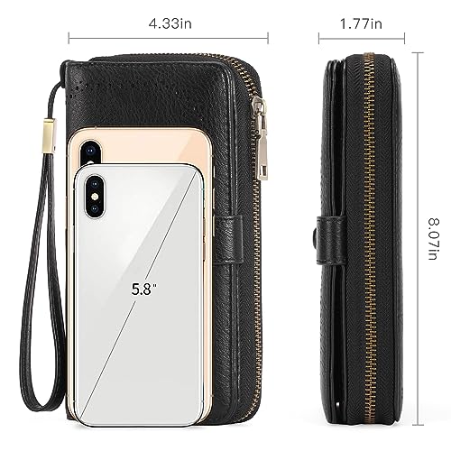GAEKEAO Leather Credit Card Holder Wallet for Women RFID Blocking Large Capacity Bifold Zipper Card Case Organizer with Wristlet 45 Slots - color: Black