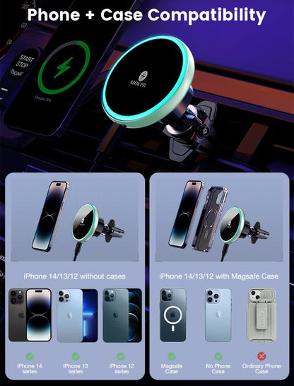 for Magsafe Car Mount Charger 15W LED RGB Car Phone Holder for Dash Vent - color: Mint Green