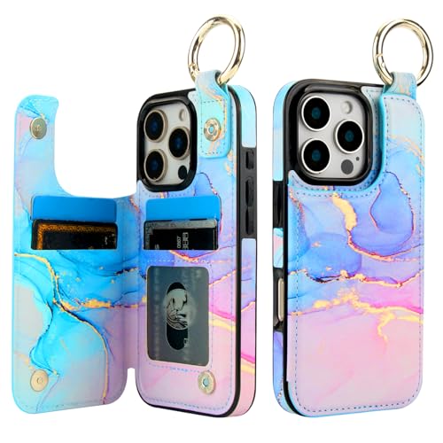 HAOPINSH for iPhone 16 Pro Wallet Case with Card Holder, Pink Blue Marble Print Back Flip Folio PU Leather Kickstand Card Slots Case, Finger Grip Ring Double Magnetic Clasp Shockproof 6.3" - color: Pink Blue Marble Grip Ring
