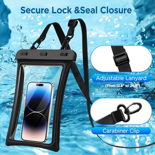 CACOE Floatable Waterproof Phone Pouch 2 Pack Up to 10.0", Black+Pink | Floatable, IPX8 Waterproof Phone Case,Adjustable Lanyard,Dry Bags for Beach/Cruise/Travel/Camping/Kayak/Vacation Essentials - color: Black+Pink, size: Up to 10.0"-Floatable