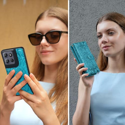 Harryshell Detachable Wallet Leather Case Compatible with Motorola Moto G Power 2025 / G Power 2026 Magnetic Phone Case Zipper Cash Coin Pocket Multi Card Slots Holder Wrist Strap (Flower Blue Green) - color: Flower Blue Green, size: Moto G Power 2025 / M