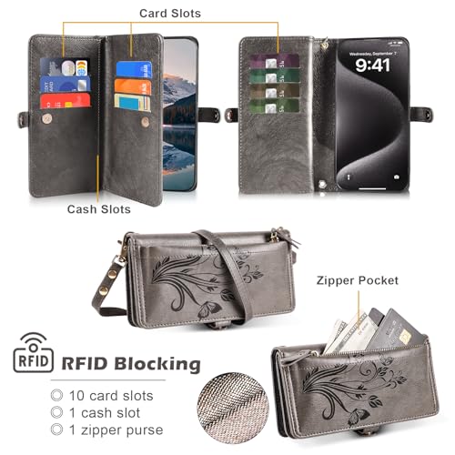 for Google Pixel 9 Pro XL/10 Pro XL Case Wallet,RFID Blocking Card Holder Zipper Leather Flip Cover Crossbody Wrist Strap with Stand (Floral Gray) - color: Floral Gray