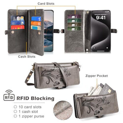 for Google Pixel 9 Pro XL/10 Pro XL Case Wallet,RFID Blocking Card Holder Zipper Leather Flip Cover Crossbody Wrist Strap with Stand (Floral Gray) - color: Floral Gray