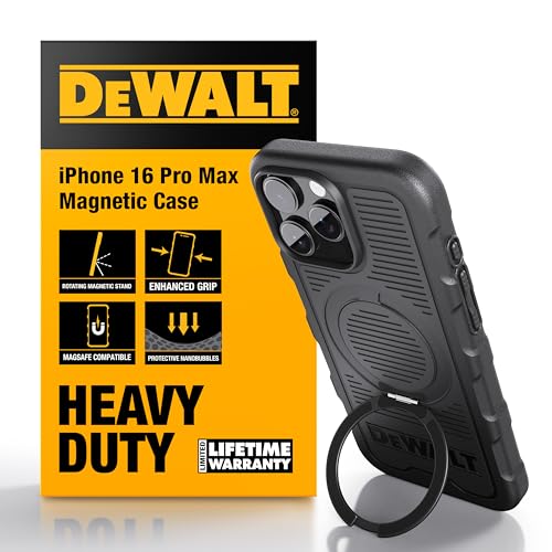 DEWALT 360° Rotatable Magnetic Ring for iPhone 16 Pro Max Case, Heavy Duty Drop Protection Fit for MagSafe w/Stand & Ring Holder, Shockproof Nanobubbles for iPhone 16 Pro Max Phone Case Ostand, Black - size: iPhone 16 Pro Max