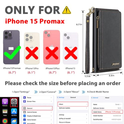for iPhone 15 Pro Max Wallet Case, Detachable Magnetic Shockproof Phone Case,Faux Leather Crossbody Wallet,with RFID Blocking，Zipper Card Holder，Shoulder Strap (Black) - color: Black, size: iPhone 15 Pro Max