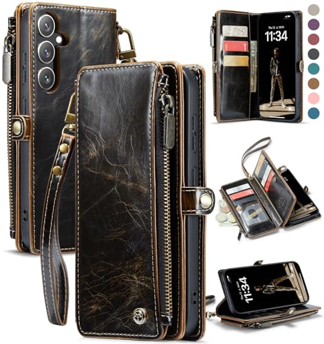 Defencase for Samsung Galaxy S25+/Plus Wallet Case with Card Holder, Coffee | with RFID Blocking Zipper Pocket, Durable PU Leather, Wrist Strap, S25 Plus Flip Phone Cases Cover with Stand for Women Men - color: Coffee