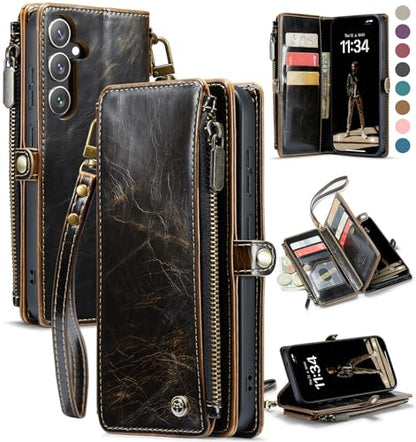 Defencase for Samsung Galaxy S25+/Plus Wallet Case with Card Holder, Coffee | with RFID Blocking Zipper Pocket, Durable PU Leather, Wrist Strap, S25 Plus Flip Phone Cases Cover with Stand for Women Men - color: Coffee