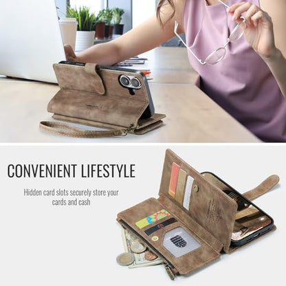 Compatible with iPhone 17 Wallet Case with Card Holder Kickstand Magnetic Zipper Pocket Lanyard Strap Wristlet,Leather Flip Case Wallet for iPhone 17 6.3 Inch (Brown) - color: Brown, size: iPhone 17 6.3 Inch