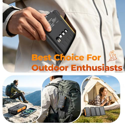 Solar Charger Power Bank 20000mAh Portable Charger Built-in 4 Cables(Micro/USB-C/Ios Output Cable,USB-A Input Cable) & 4 Solar Panels, 15W Fast Charging Battery Pack with Flashlight for Camping Travel
