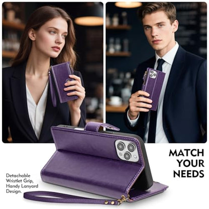 Compatible with iPhone 13 Pro Wallet Case with Card Holder RFID Blocking Zipper Poket PU Leather Flip Phone Case with Wrist Strap Credit Card Slots Men Women,for Apple 13 Pro,Dark Purple - color: Dark Purple, size: iPhone 13 Pro - 6.1