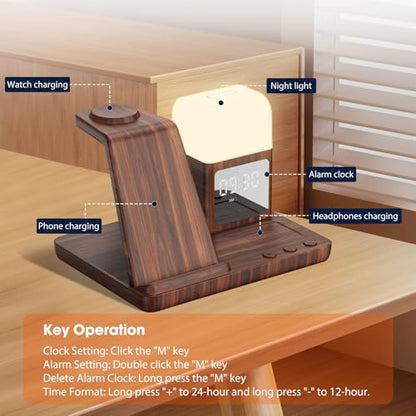 Wireless Charger for Samsung/Android, 6 in 1 Phone Nightstand Charging Station Charger with Alarm Clock/Night Light for Samsung S26/S25/S24 Ultra/Buds4,Watch Charger for Galaxy Watch 8/7/6/5 - color: Wood Brown