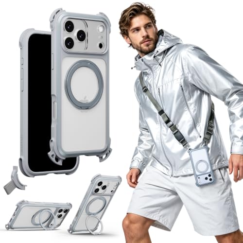 MAGEASY Odyssey Ultra MagSafe 360° Magnetic Stand Crossbody Case with Strap for iPhone 18 Pro Max & 17 Pro Max, 25ft Shockproof TPU + Aluminum Frame, Interchangeable Lanyard Eyelets (Mist w/Kickstand) - color: Mist w/ Kickstand, size: iPhone 18 Pro Max