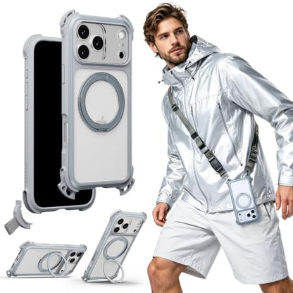 MAGEASY Odyssey Ultra MagSafe 360° Magnetic Stand Crossbody Case with Strap for iPhone 18 Pro Max & 17 Pro Max, 25ft Shockproof TPU + Aluminum Frame, Interchangeable Lanyard Eyelets (Mist w/Kickstand) - color: Mist w/ Kickstand, size: iPhone 18 Pro Max