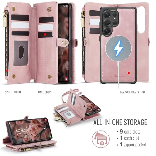 Defencase for Galaxy S23 Ultra Case Wallet Compatible with Magsafe, Pink | Magnetic Detachable, RFID Bolcking Card Holder, Zipper Strap, PU Leather Drop-Proof Phone Cover for Samsung Galaxy S23 Ultra - color: (Detachable with Magsafe)-Pink