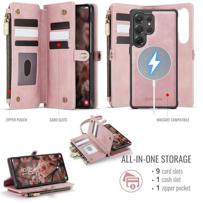 Defencase for Galaxy S23 Ultra Case Wallet Compatible with Magsafe, Pink | Magnetic Detachable, RFID Bolcking Card Holder, Zipper Strap, PU Leather Drop-Proof Phone Cover for Samsung Galaxy S23 Ultra - color: (Detachable with Magsafe)-Pink