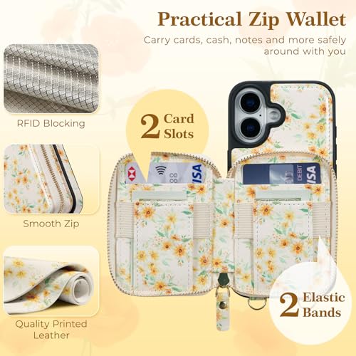 ZCDAYE Zipper Crossbody Wallet Case for iPhone 16, Sunflower | Flip Folio PU Leather, Practical Card Holder, Adjustable Lanyard Strap, RFID Blocking, Warm Sunflower Girly Phone Case - color: Sunflower, size: iPhone 16