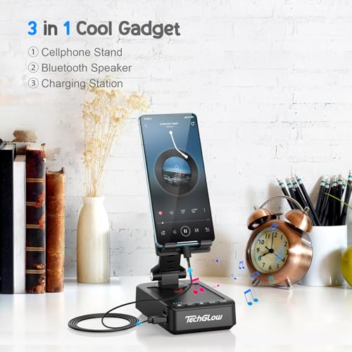 TechGlow Foldable Cellphone Stand with Bluetooth Speaker Charging Function 360° Rotatable Phone Stand Birthday Gifts for Men Women Mother Father Cool Tech Gadgets - color: Black