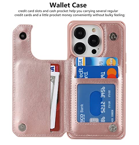 iCoverCase Compatible with iPhone 14 Pro Wallet Phone Case with Card Holder for Women, RFID Blocking Embossed PU Leather Wrist Strap Case 6.1 Inch (Macaron Rose Gold) - color: P-Rose Gold
