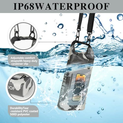IP68 Waterproof Dry Bag, 2L - Roll Top Waterproof Pool Bag，Dry Bags for Kayaking Waterproof-w/Phone Pouch,Large Waterproof Phone Pouch,Boating & Kayak Accessories Camping (Gray 2L) - color: Gray 2L