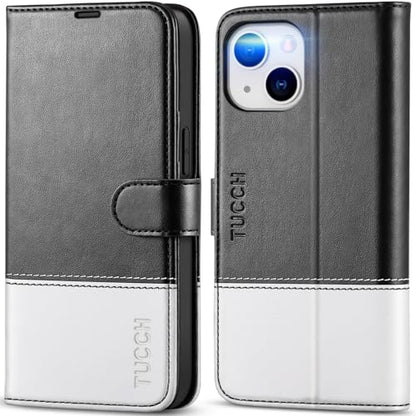 TUCCH Case Wallet for iPhone 13 (6.1"), RFID Blocking Folio, Black & White | 3 Card Holders, Kickstand, PU Leather, Magnetic Closure, Shockproof TPU Shell, Protective Flip Cover - color: Black & White
